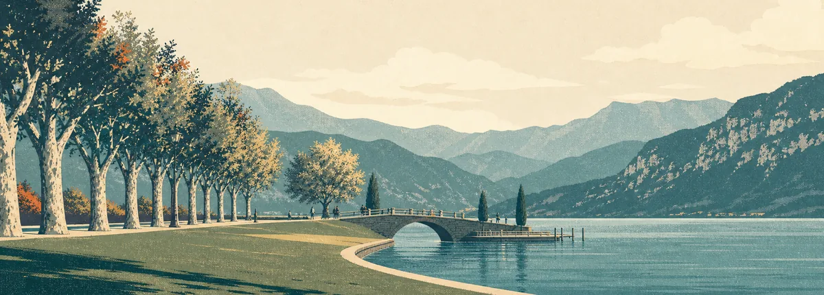 Illustration of the Pâquier lakefront lawn, an arched footbridge and mountains beyond