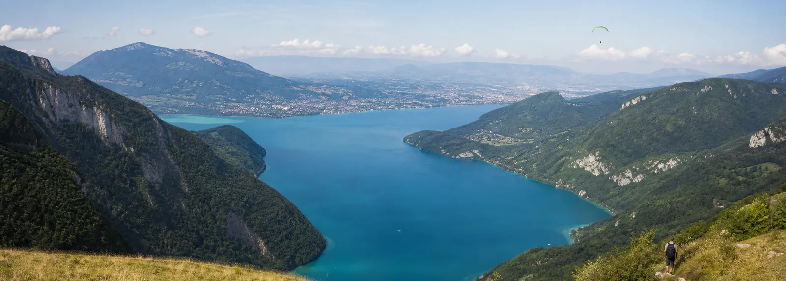 Lake Annecy from the grassy shoulder of the Col de la Forclaz, the town at the far end