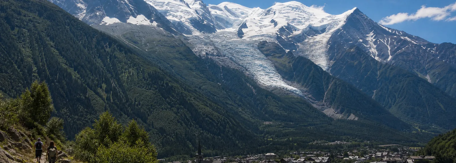 Chamonix on the valley floor beneath the granite spires and glaciers of Mont Blanc