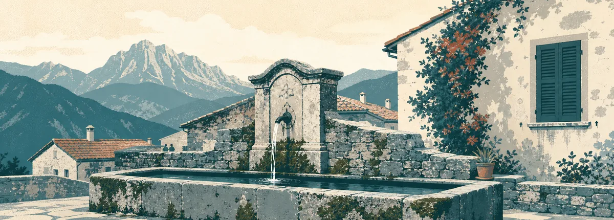 Illustration of a carved stone village fountain running into its basin