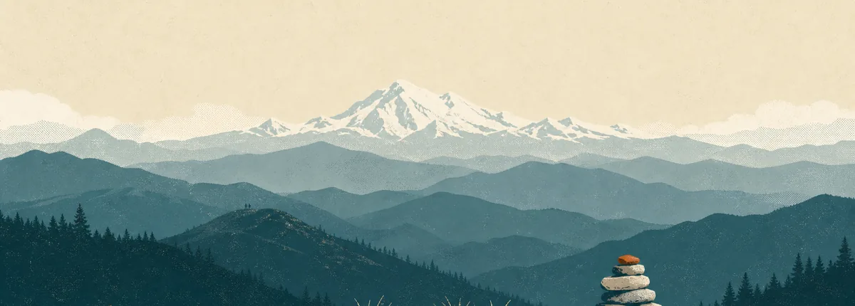 Illustrazione di una vetta bianca lontana vista oltre più strati di creste più vicine