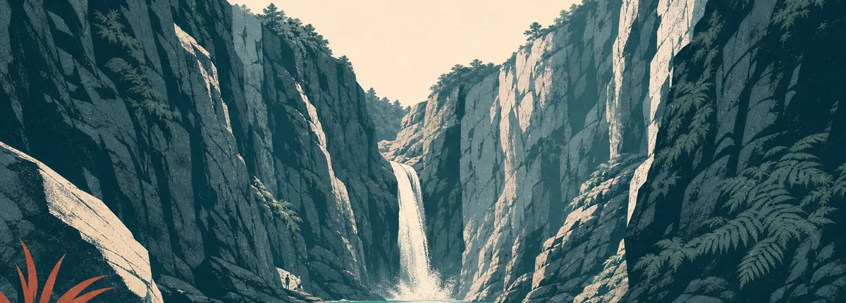 Illustration d'une cascade tombant dans une vasque turquoise au fond d'une gorge calcaire étroite
