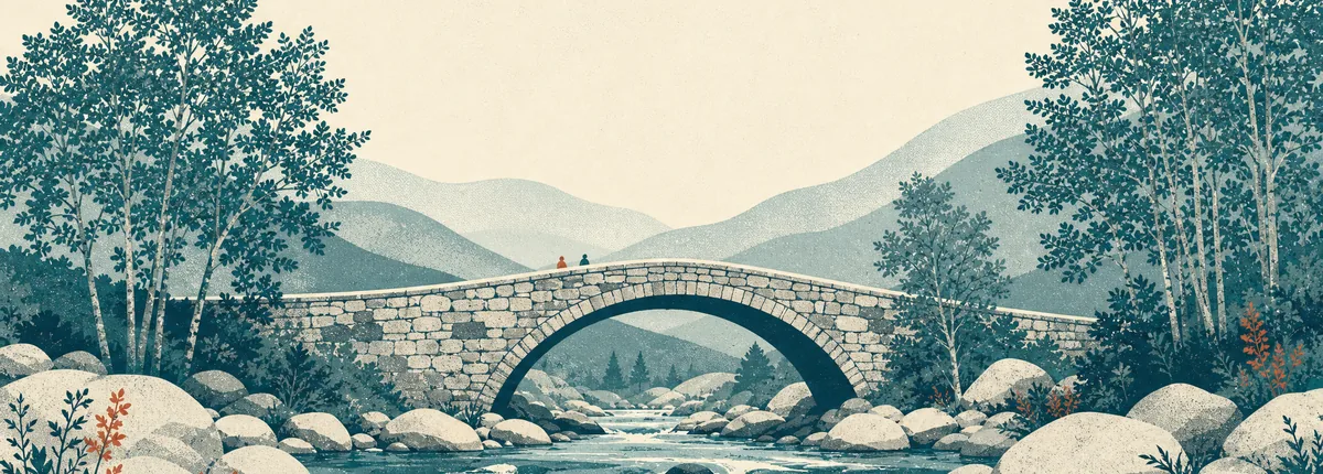 Illustration of a stone bridge over a clear mountain stream below soft hills