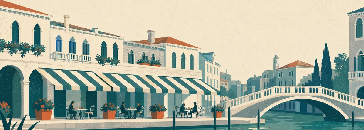 Illustration einer Caféterrasse am Kanal unter gestreiften Markisen in der Altstadt