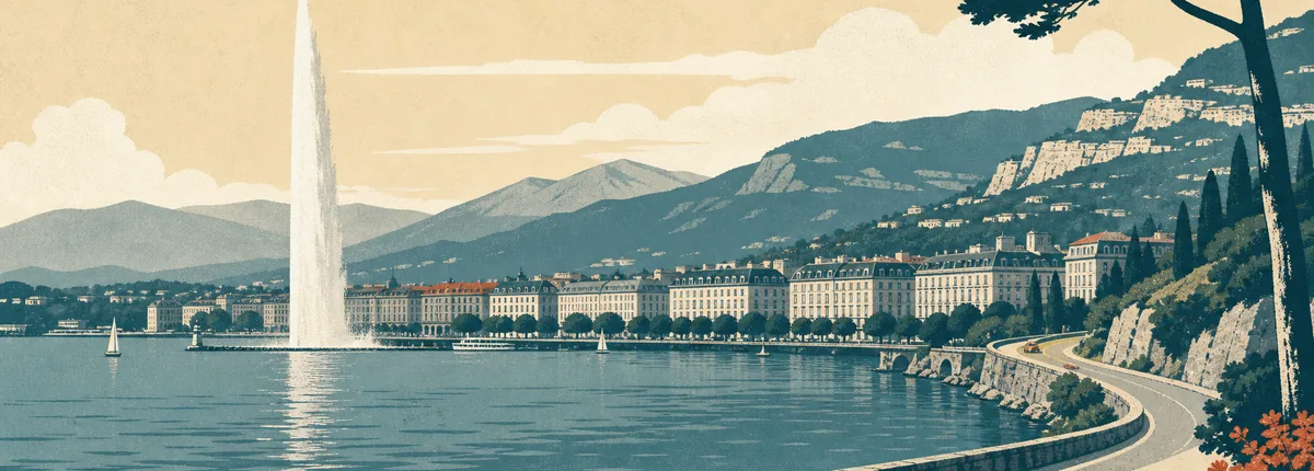 Illustration einer Seepromenade mit Wasserfontäne und einer nach Süden führenden Straße