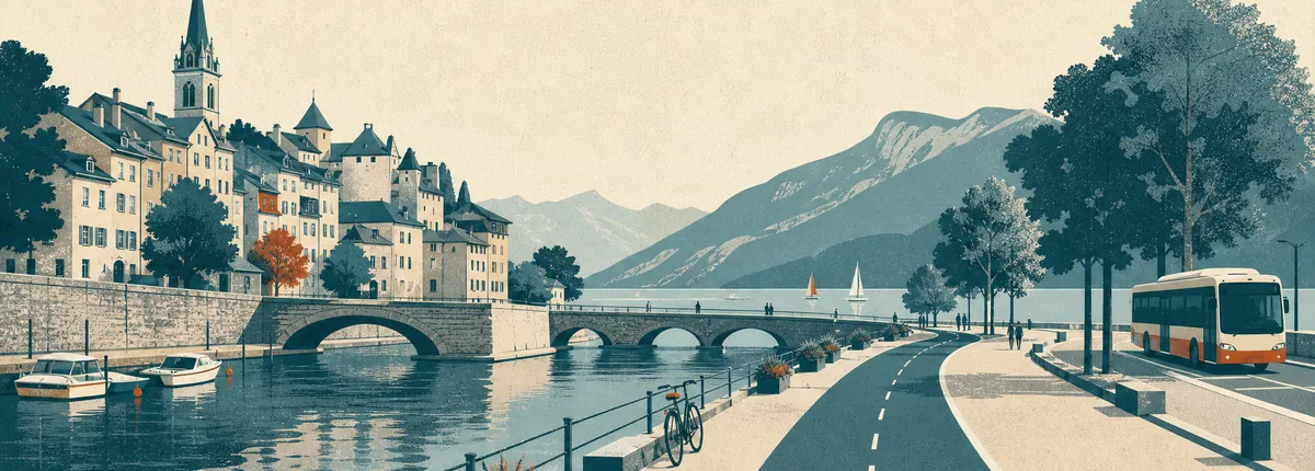 Illustration of a canal-side promenade with a cycle lane, footpath and bus