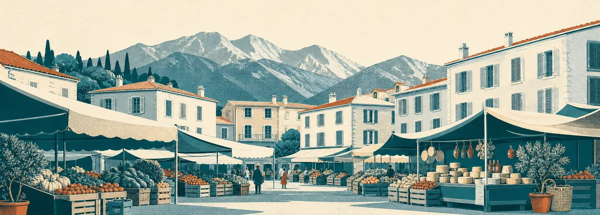 Illustration of an open-air market square under awnings, mountains above the roofs