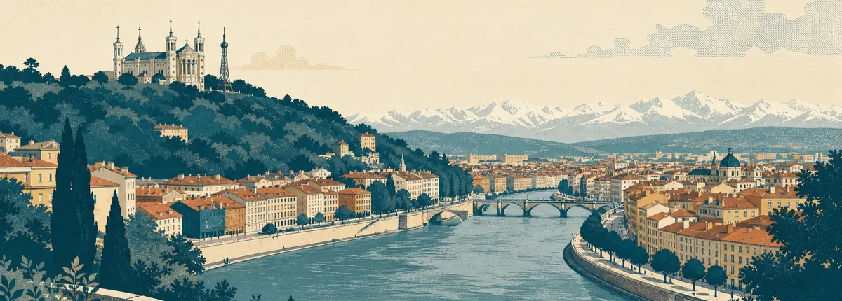 Illustration of a river bending through ochre rooftops below a hilltop basilica