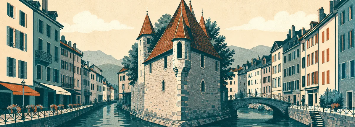 Illustration of the Palais de l'Ile splitting the canal between tall old houses