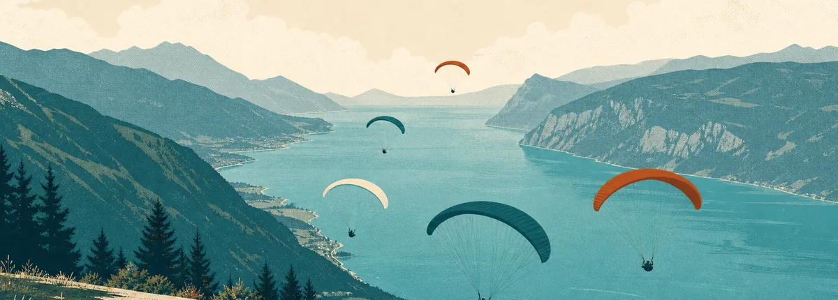Illustration of paraglider canopies at different heights above the turquoise lake