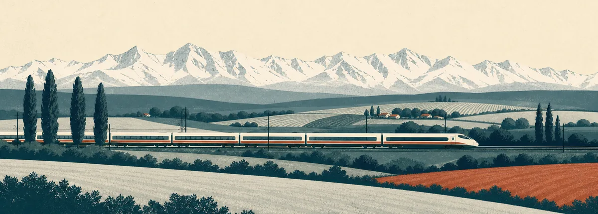 Illustration eines Hochgeschwindigkeitszugs, der durch Ackerland in Richtung entfernter Berge fährt
