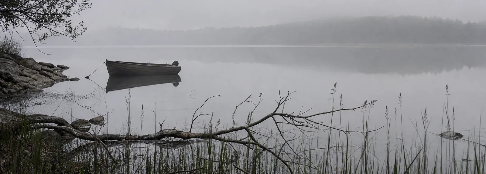Reeds and an empty wooden rowing boat on a quiet stretch of shore in dawn mist