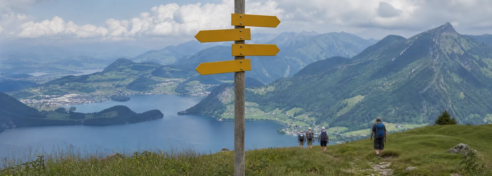 A yellow alpine signpost on a grassy viewpoint, walkers on the path and the lake far below