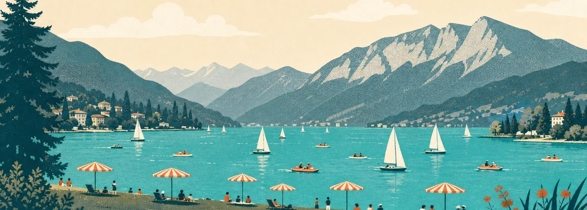 Illustration of pedal boats, sailing dinghies and parasols on a summer lakefront