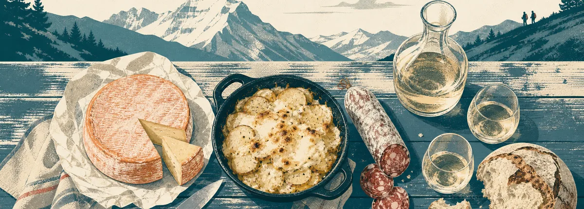 Illustrazione di formaggio savoiardo, uno sformato di patate, salsiccia, pane e vino